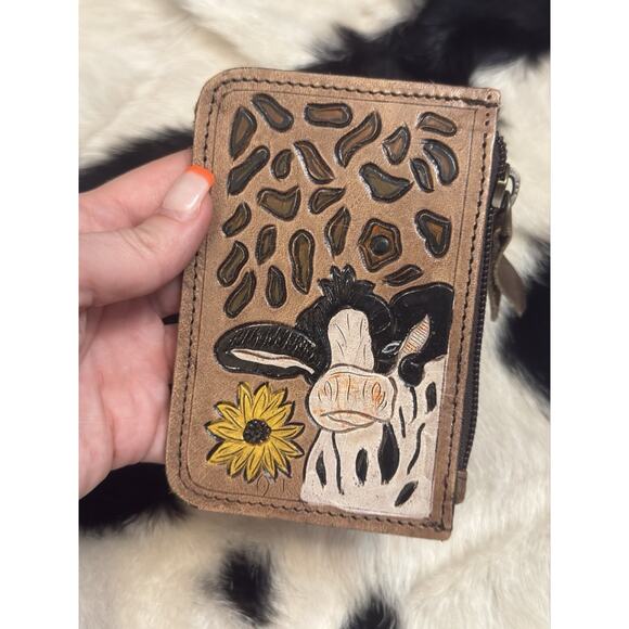 Southwestern Hand Tooled Painted Hide Leather Coin Purse Dairy Cow Sunflower - Picture 1 of 6